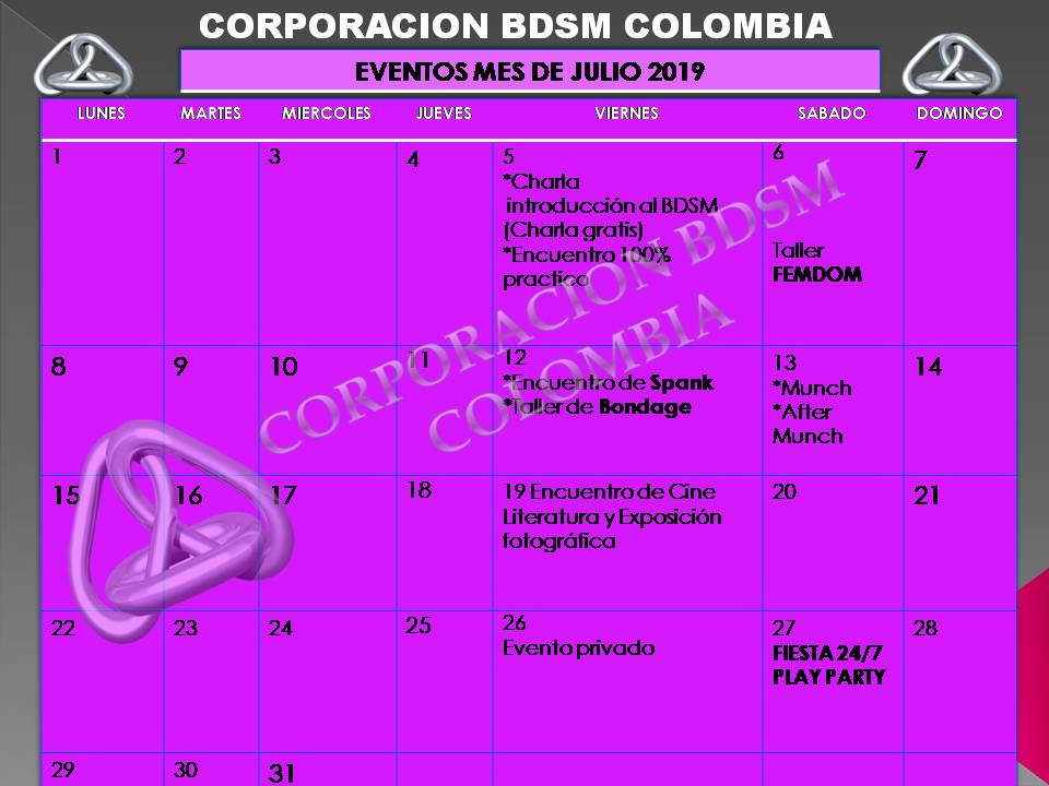 corporacionbdsm's tweet photo. Cronograma mes de Julio , para que se agende  a que eventos asistir #aprendobondage #aprendobdsm #amoeljuete #spank #bondage #FEMDOM  #TALLER #PLAYPARTY 24/7 #CINELITERATURAYFOTOGRAFIA #MUNCH #AFTERMUNCH https://t.co/ydDSWFo12L #CORPORACIONBDSMCOLOMBIA #BDSM https://t.co/JBDGgNmtRb