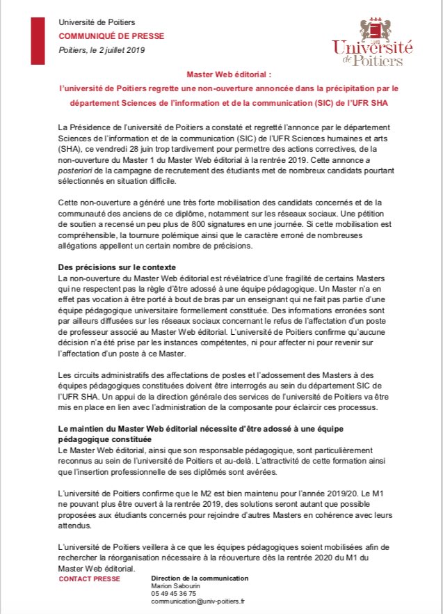 UnivPoitiers's tweet photo. Communiqué de @UnivPoitiers concernant @MasterWebEdito
#SaveMWE https://t.co/azrtD6k2aX