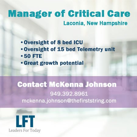 Leaders4Today's tweet photo. We are looking for a Critical Care Manager for a facility in New Hampshire. This opportunity has tremendous growth potential! #hospitaljobs #nurseleaders #criticalcare #healthcarerecruitment #healthcarestaffing #leadersfortoday https://t.co/PHqBGBxyLR