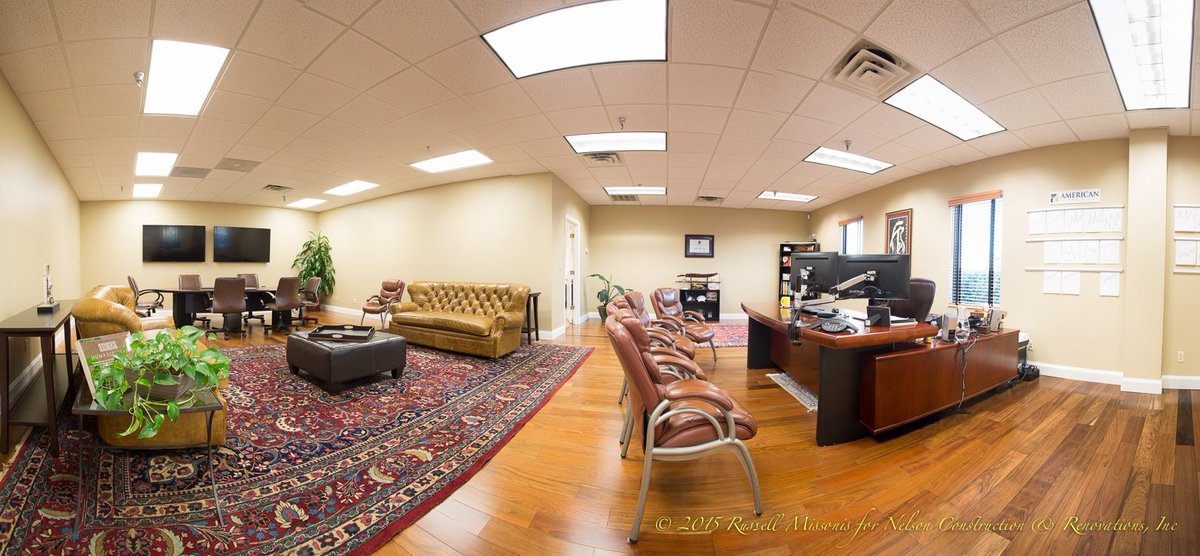 NelsonConstReno's tweet image. A panoramic shot of a custom executive office. This suite is part of a 60,000 sq ft commercial remodeling project completed by our team. #commericalremodel #lightcommericalremodel #commericalbuilder #generalcontractor
#officeremodel  #officeremoding #interiordesign #designbuild