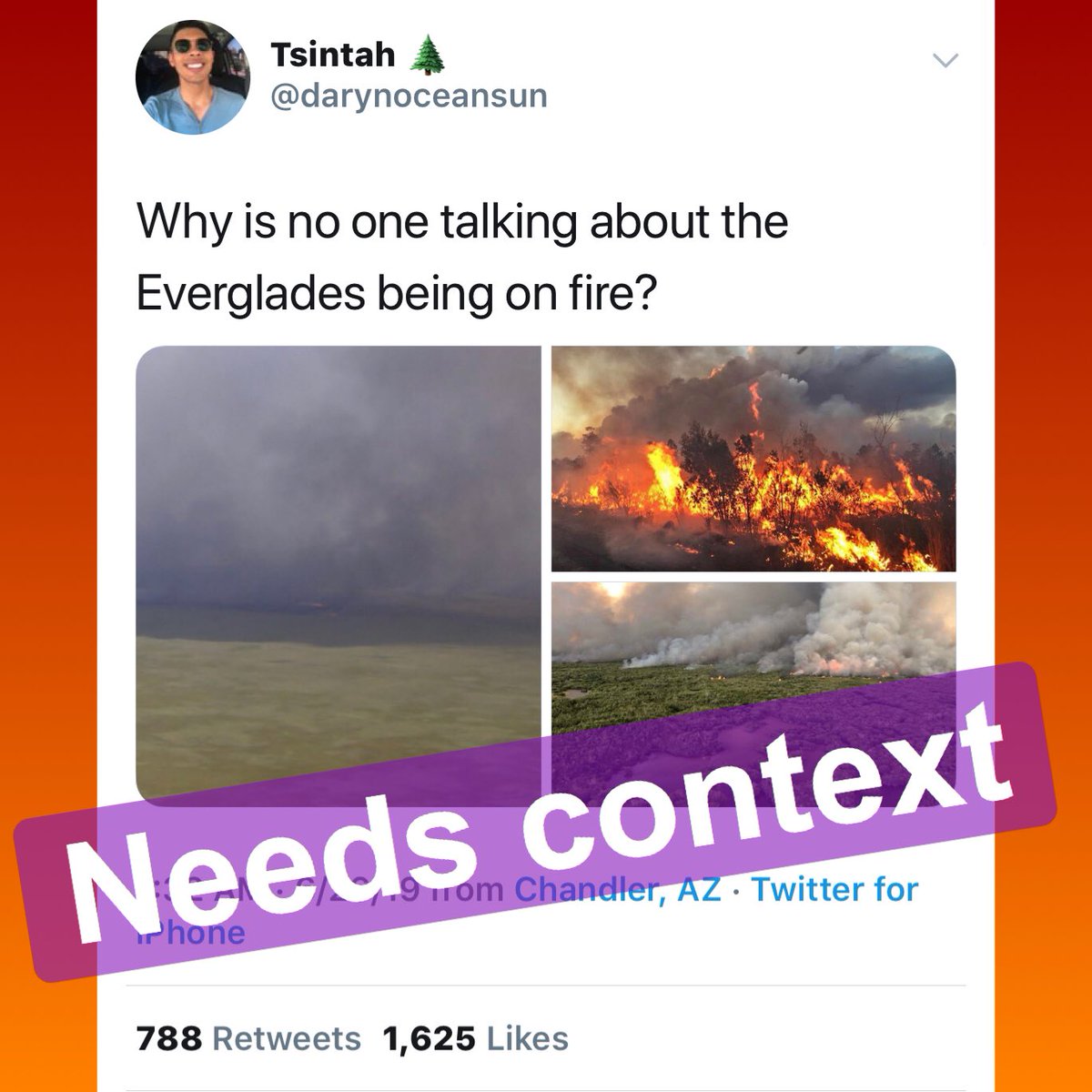 mediawise's tweet photo. This tweet was shared by @darynoceansun last week claiming that the #Everglades were on fire. 😮The info is true, but it looks like the pictures #needcontext. Check out our Instagram highlight labeled “🔥🐊“ to learn how to tell which photos are legit! https://t.co/Kx0V9SGxxg https://t.co/ejk4X5nZPX