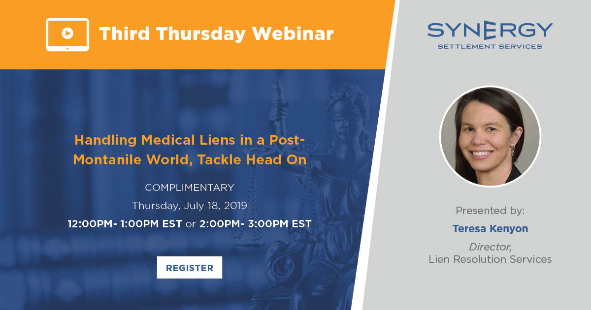 synergypartnr's tweet photo. Registration is now open for this month's Third Thursday Webinar on Handling Medical Liens in a Post-Montanile World, Tackle Head On presented by Synergy Director of Lien Resolution Services Teresa Kenyon. Register now https://t.co/s93yuBdlQq  #Synergy #webinar #lienresolution https://t.co/gA5hyiF0yH