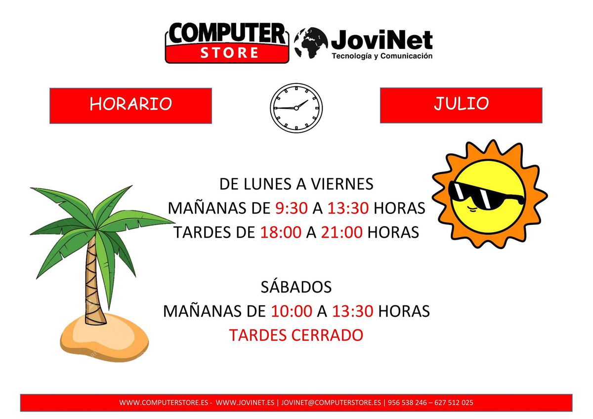 Jovinet_online's tweet photo. Os recordamos nuestro horario del mes de #Julio🌞

Acércate a nuestra tienda, llamanos o contacte con nosotros a través de nuestra web o redes sociales #Jovinet 👍🏽 https://t.co/H9Y1akQMSj