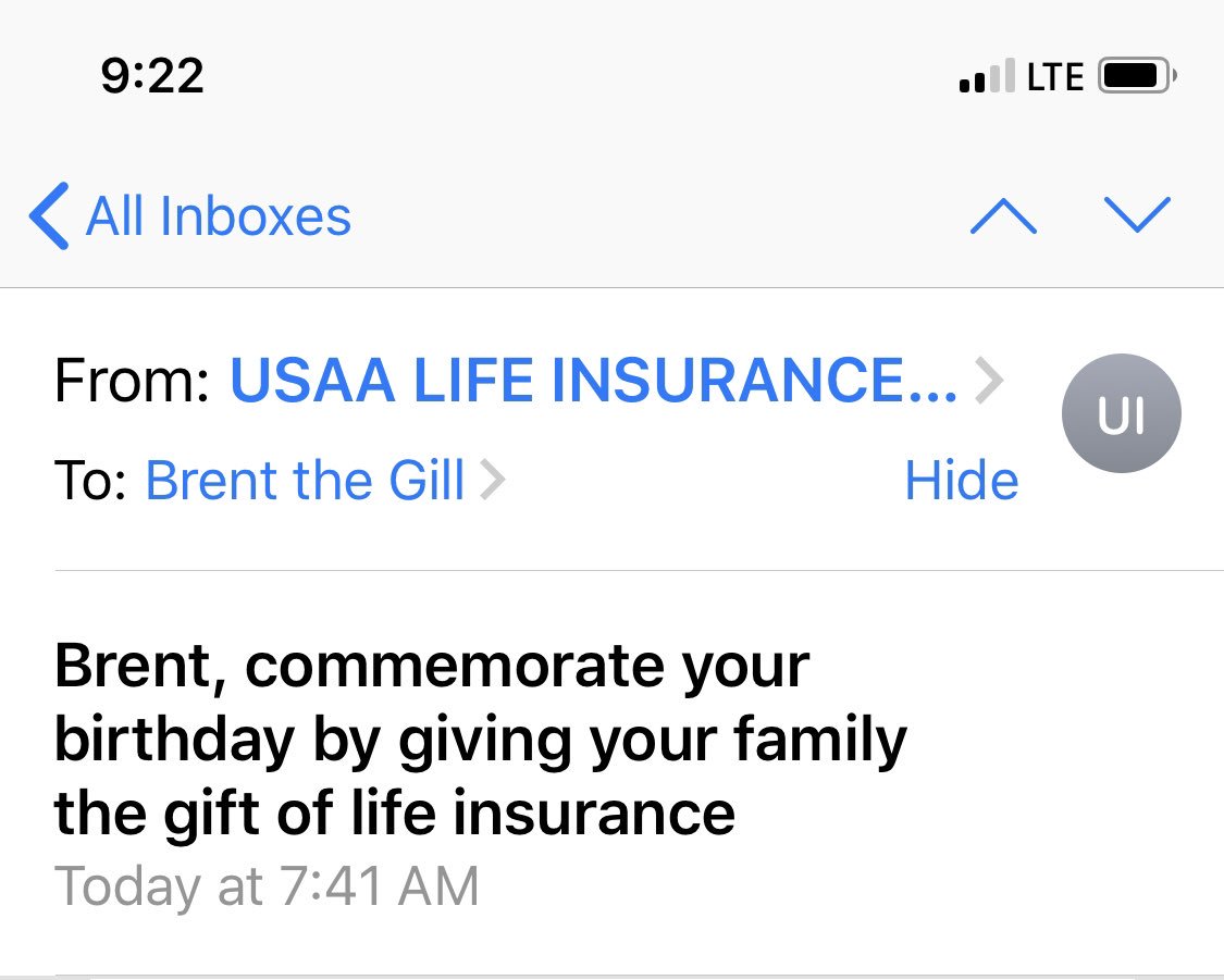 Celebrate your birth by preparing for your death. 🤦‍♂️ thanks <a href="/USAA/">USAA</a>