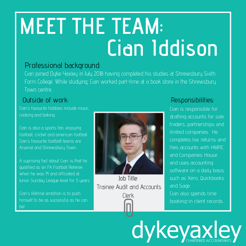 dyke_yaxley's tweet photo. Trainee Tuesdays!

Introducing Cian who joined Dyke Yaxley in July 2018 having completed his studies at Shrewsbury Sixth Form College.

Read more here:
https://t.co/i1pfBelXk9

#TuesdayMotivation #Accounting #audit #meettheteam https://t.co/5lmrISwy9I