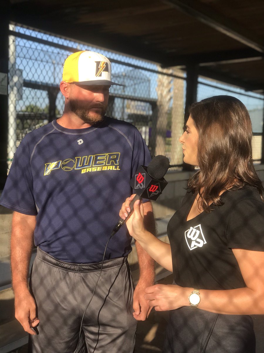 PowerBSB's tweet photo. Coach Lassiter being interviewed by @RachRichlinski of at Wilson Baseball on player safety and pitch count rules. With Emphasis on how @WilsonPremierBB tournaments promote safety and exposure for all the participating teams! @ELassPowerbsb #PowerInterview #PowerUp ⚡️☝🏻@PowerBSB https://t.co/eemWDa3hEk