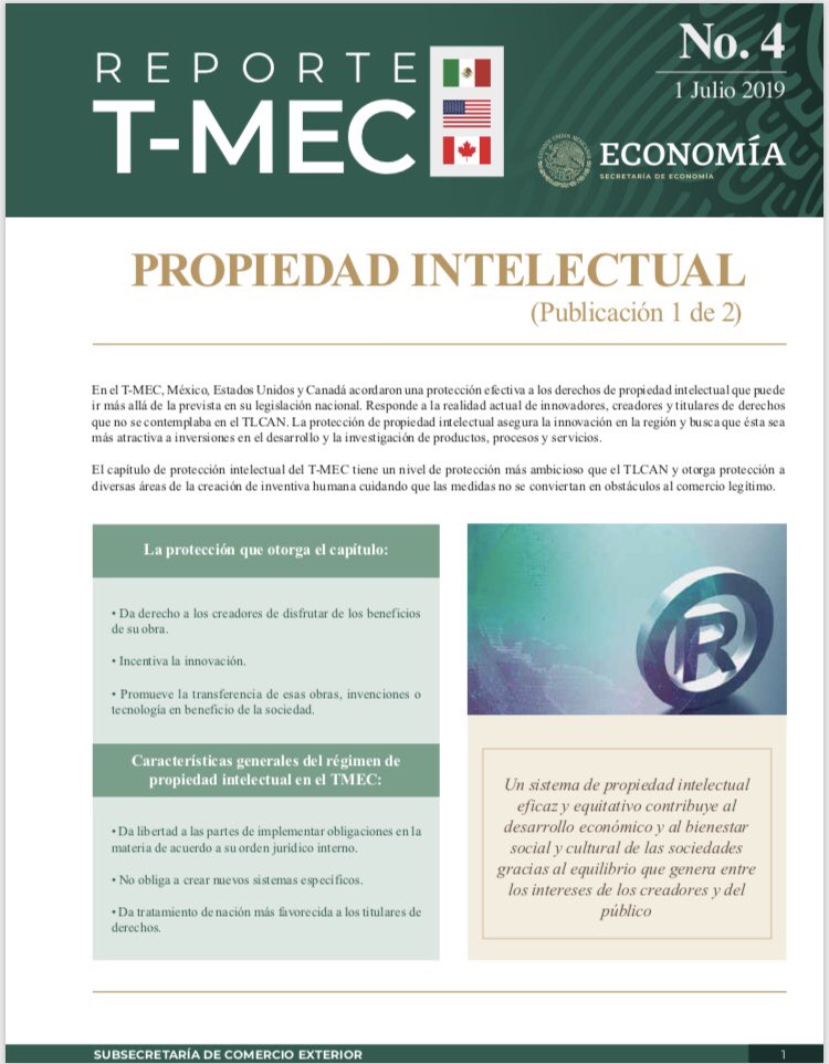 SE_mx's tweet photo. 📃En el #TMEC, México, Estados Unidos y Canadá acordaron una protección efectiva a los derechos de #PropiedadIntelectual que responde a la realidad actual de innovadores, creadores y titulares de derechos. 
Conoce más en #ReporteTMEC No.4 sobre Propiedad Intelectual
🇲🇽🇺🇸🇨🇦
#USMCA https://t.co/JuY5wLXXNf