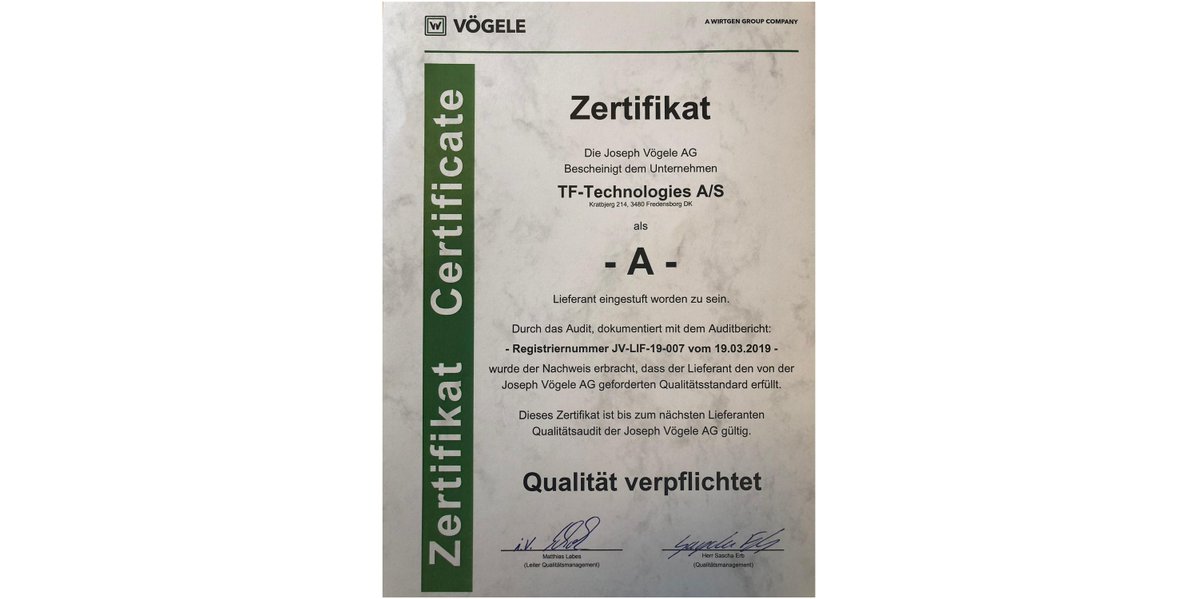 TFT_DK's tweet photo. We are happy and proud once again to receive our certificate from Vögele AG granting us status as a quality -A- supplier.
.
#bestqualitysupplier #tftechnologies #asphaltpaving #pavinginnovation https://t.co/ETQypACZKo