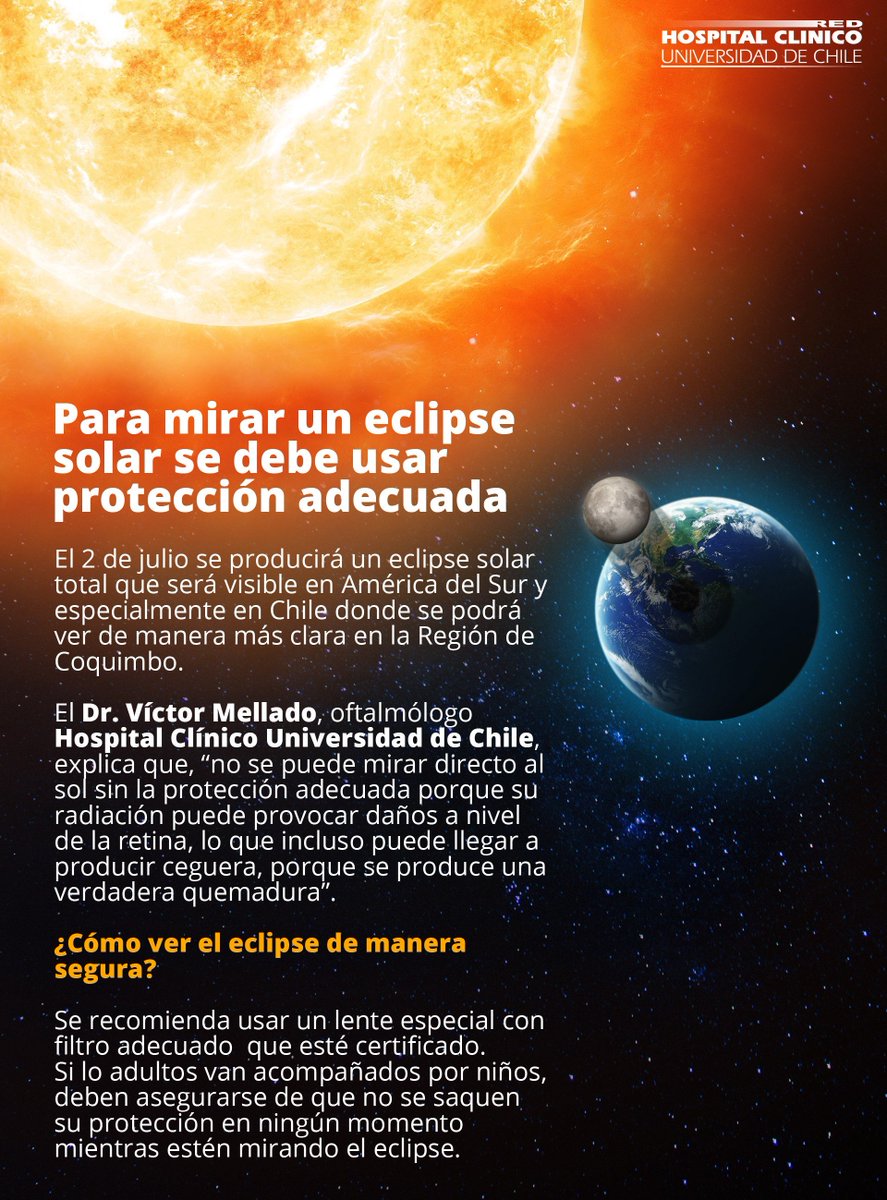 redclinica's tweet photo. Hoy podremos ser testigos del fenómeno astronómico más importante en el último tiempo: el esperado eclipse solar, el cual se podrá observar en forma total o parcial en todo el país. ¿Cómo mirar el #EclipseEnChile de forma segura? https://t.co/ItAnF3vHMw