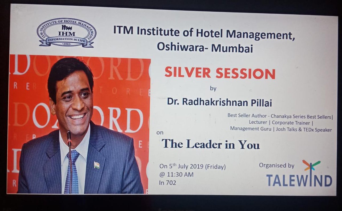 rchanakyapillai's tweet photo. Speaking at ITM Institute of Hotel Management, Oshiwara - Mumbai, on topic: 'The Leader in You' on 5th July at 11:30 AM, Organised by 'TALEWIND'.
#TheLeaderInYou #SilverSession https://t.co/BE7x5B9gM1