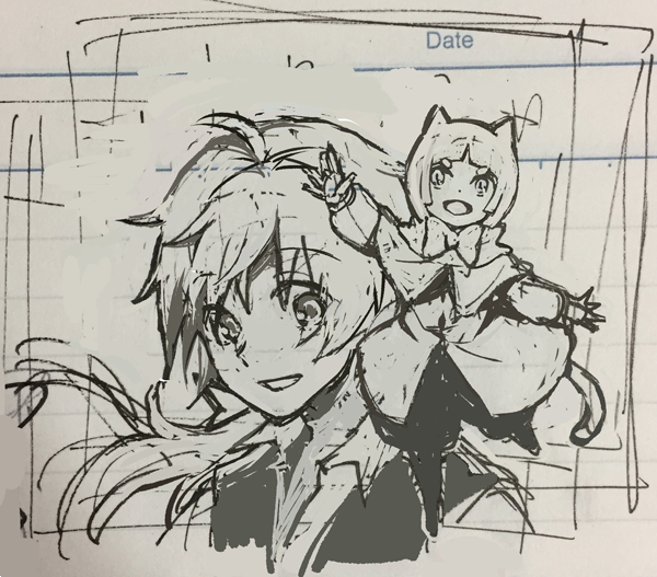 強引にトリミングすれば今回の枠に合わせられないこともないんですが、できれば仕上がり枠に合わせて構図を考えたいなあという気持ちがあり。
イベントのサークルカットは毎回描きおろすのが密かなこだわりなんですが、前回のカットは比較的スッと悩まずに決まったパターンでした。