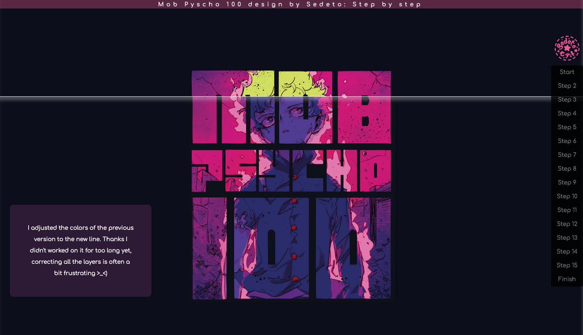 Sedeto's tweet photo. I made a step by step mini-site for my illustration of #mobpsycho !
(You'll enjoy it better on a PC screen than a mobile😚) 
https://t.co/sGFNRrV0fp
#patreon #StepByStep #wip https://t.co/gE37dkph34