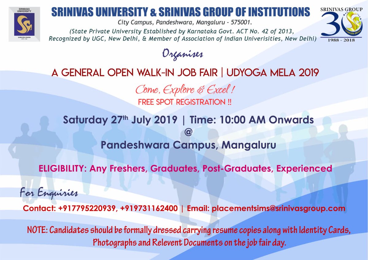 CellSrinivas's tweet photo. @DrAjayKG "Srinivas Job Fair/Udyoga Mela 2019" - Saturday 27th JULY 2019@Pandeshwar Campus, 10.00 AM Onwards https://t.co/zM7JdXJ4wK