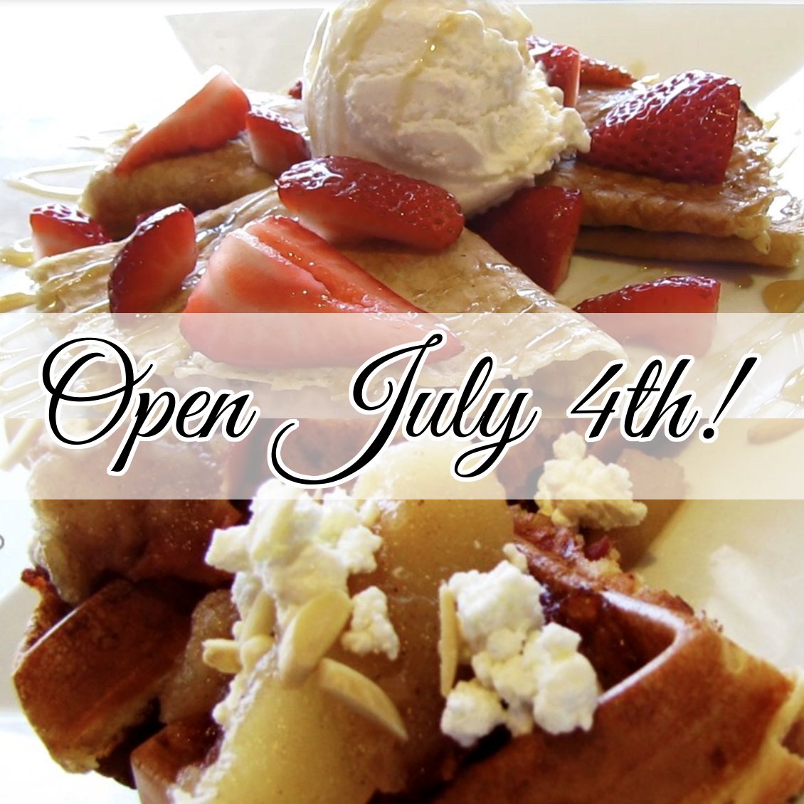 WaffleINCaffein's tweet photo. We're open July 4th, so start your day with an explosion of flavor! Plum Crazy w/ 3 crepes, plum cream cheese &amp; walnuts, strawberries, vanilla ice cream, honey, &amp; cinnamon. Or The Pear-adise Waffle w/ bacon &amp; brandied pear slices, completed with goat cheese and almond slivers. https://t.co/AKqEiio334