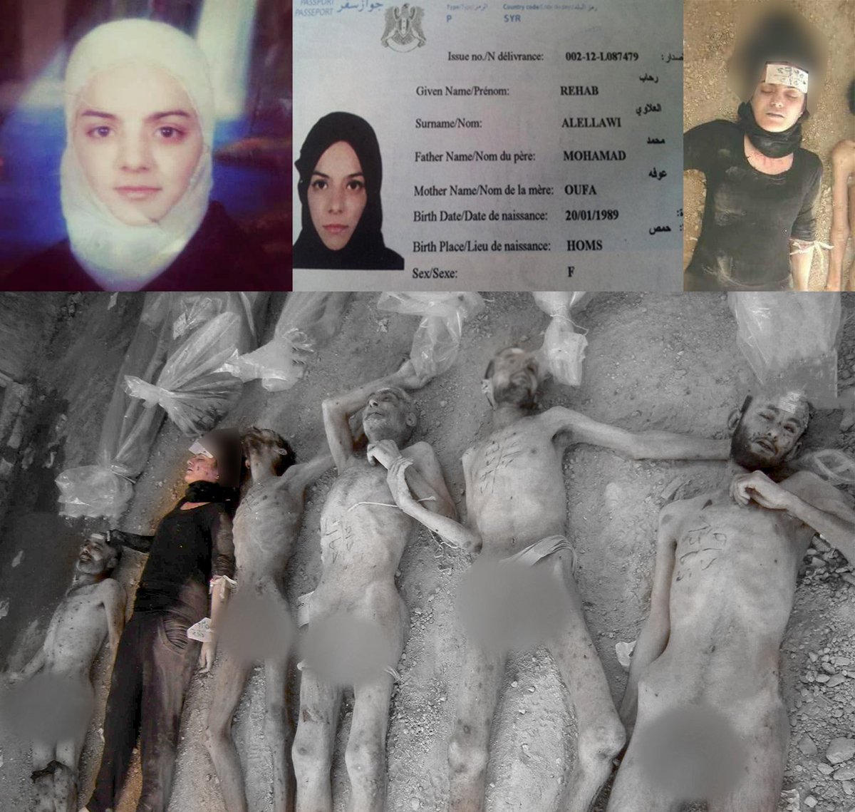 Tamer_Turkmane's tweet photo. رحاب محمد العلاوي

مواليد تدمر 24 عاماً طالبة هندسة مدنية سنة ثالثة
اعتقلت من قبل المخابرات الجوية من منزلها في ضاحيه الأسد 17-1-2013
وبعدها تم تحويلها الى فرع الامن العسكري و استشهدت تحت التعذيب 15-2-2013

في الصورة تظهر رحاب مع مجموعة من شهداء التعذيب في مرآب مشفى المزة العسكري https://t.co/Vj1N91eWkN