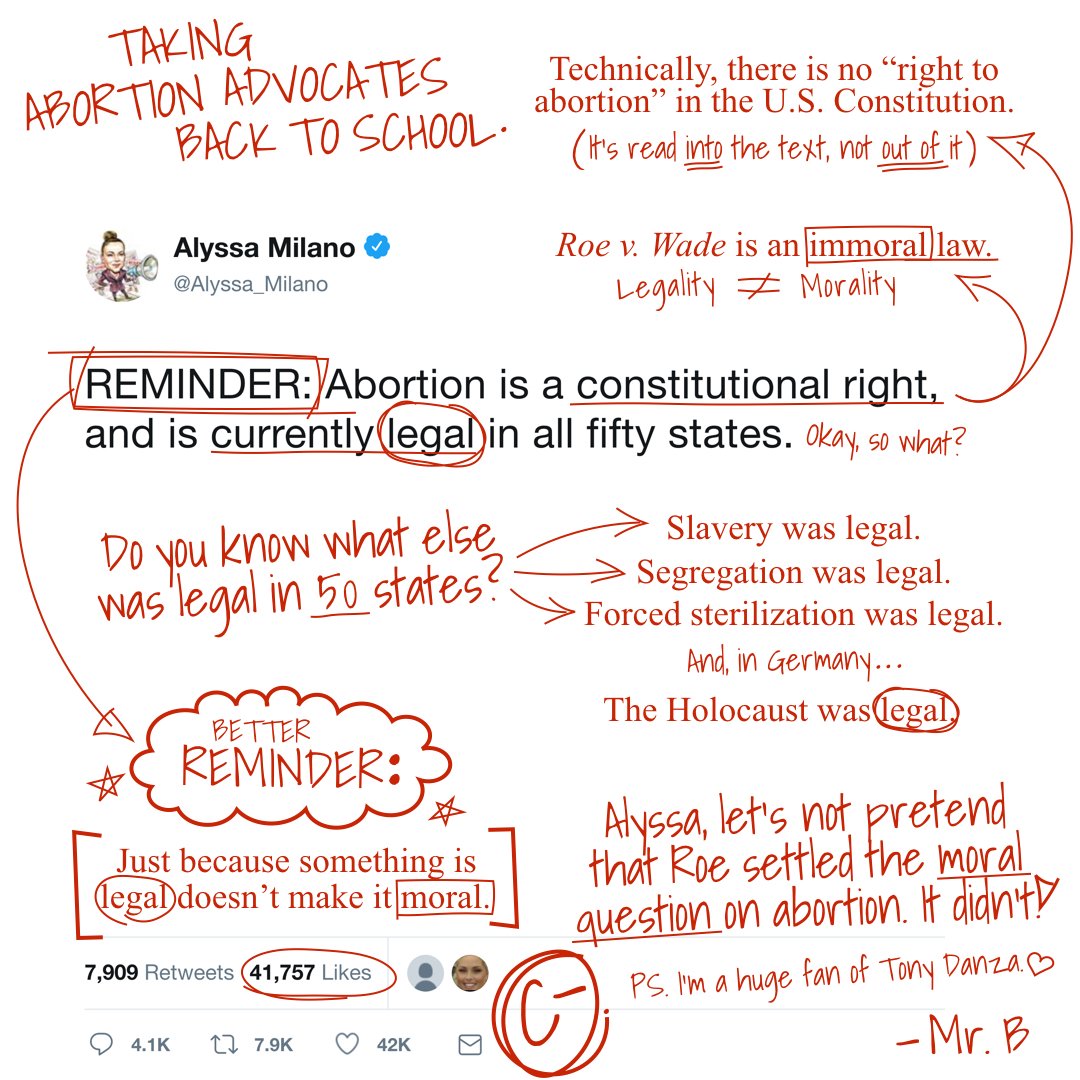Red Pen Logic (@redpenlogic) on Twitter photo Nice try, <a href="/Alyssa_Milano/">Alyssa Milano</a>, but appealing to an immoral law doesn't help your case. Yes, abortion is the law of the land, but so was slavery, segregation, and forced sterilization. 😬
Just because something is LEGAL doesn't make it MORAL.
#RedPenLogicWithMrB
#RedPenLogic Nice try, <a href="/Alyssa_Milano/">Alyssa Milano</a>, but appealing to an immoral law doesn't help your case. Yes, abortion is the law of the land, but so was slavery, segregation, and forced sterilization. 😬
Just because something is LEGAL doesn't make it MORAL.
#RedPenLogicWithMrB
#RedPenLogic