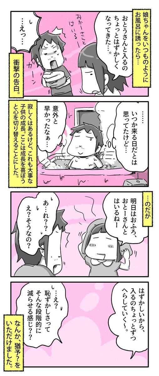 娘にお父さんとお風呂入るの恥ずかしいと言われた話

#一日一絵 #4コマ #絵日記 