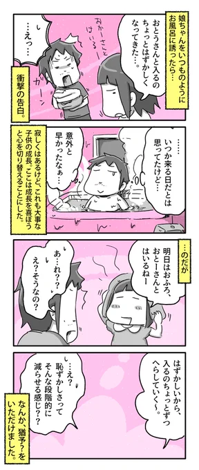 娘にお父さんとお風呂入るの恥ずかしいと言われた話

#一日一絵 #4コマ #絵日記 