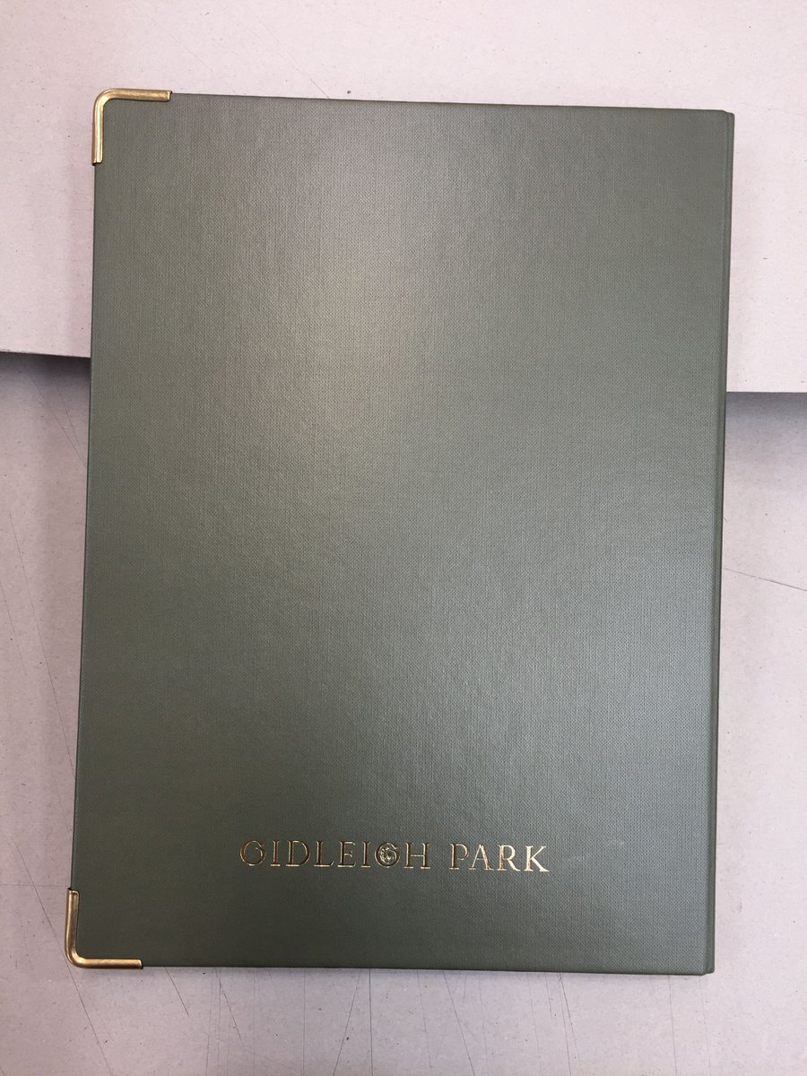 TweetBLL's tweet image. Beautiful menu cover that we recently produced for Old Leigh Park restaurant.  Embossed with gold lettering and gold plated corners to reduce scuffs and damage.  #menucovers #bespokebinders #personalisedboxes