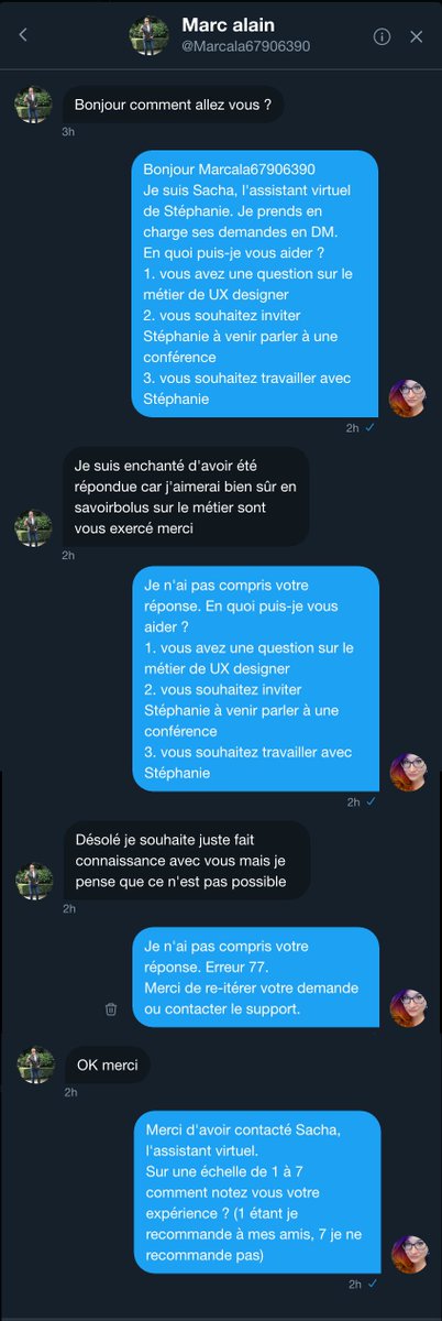 Mon nouveau mode de réponse aux 'salut comment ça va je veux faire connaissance' sur mon compte pro : faire semblant d'être mon propre assistant virtuel (quand j'ai un peu de temps, sinon je supprime 90% des messages de ce genre).
Je pense qu'une idée de chatbot serait fun :D