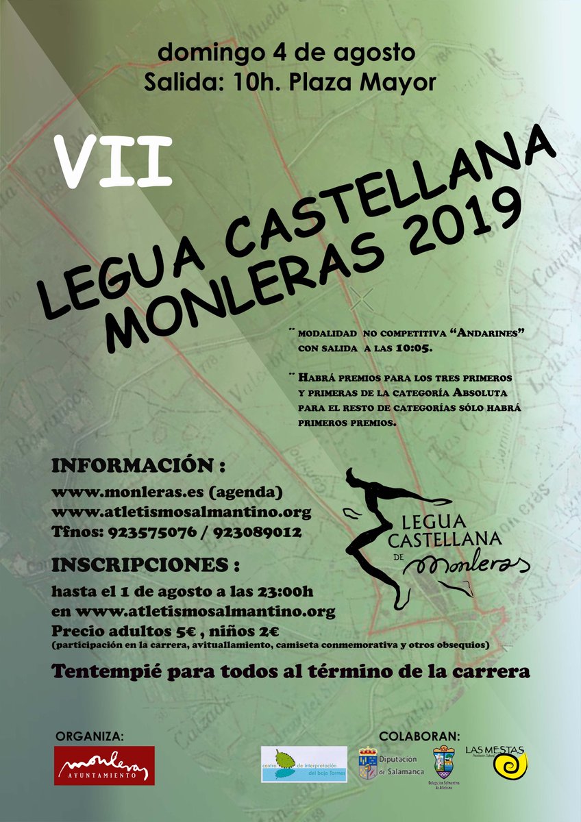Ya  están abiertas las inscripciones para la #VIILEGUACASTELLANA de #monleras , será el 4 de Agosto  y como el año pasado hay espacio para  niños y adultos corriendo o andando... #CircuitoCarrerasPopulares 
<a href="/deportesdipusal/">DeporteDipuSalamanca</a> <a href="/D_S_Atletismo/">Atletismosalmantino</a> <a href="/MonlerasAyto/">Ayto Monleras</a> <a href="/conec/">tstaysManuela</a>