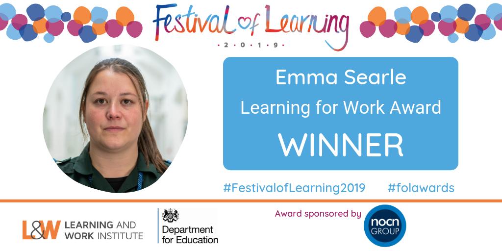 festival_learn's tweet photo. Congratulations to our 2019 Learning for Work Award winner Emma Searle, nominated by @petrocofficial! Check out Emma’s story here: https://t.co/CY5wfxXWVV #folawards #festivaloflearning2019 https://t.co/2n9Honw5nx