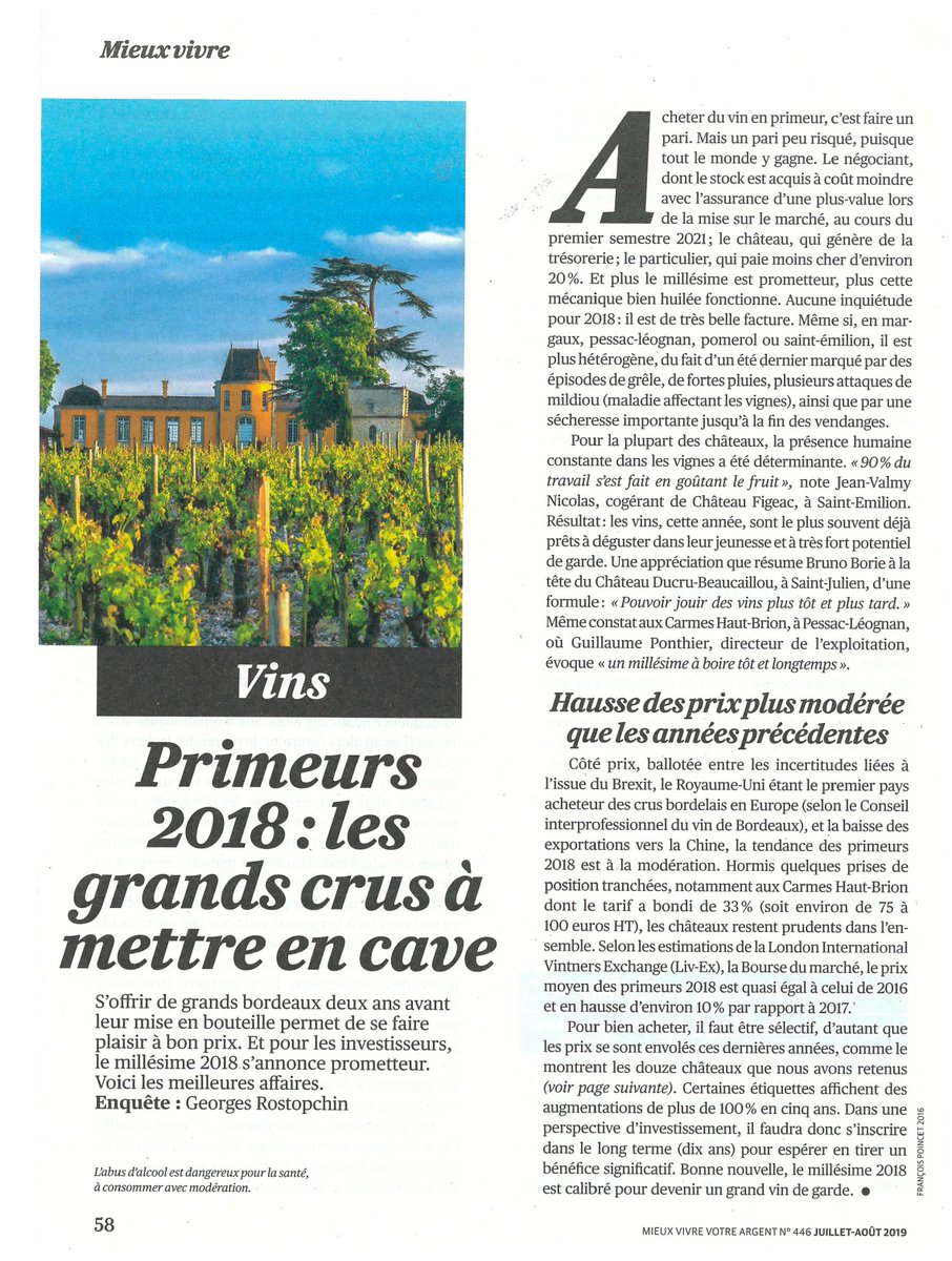 ChateauIssan's tweet photo. Le @ChateauIssan fait partie de la sélection des crus primeurs 2018 à mettre en cave selon le magazine Mieux vivre votre argent "(...) 2018, à la fois élégant et charnu." 🍷 #primeurs #bdx18 #enprimeur #chateaudissan https://t.co/asPX77di2t