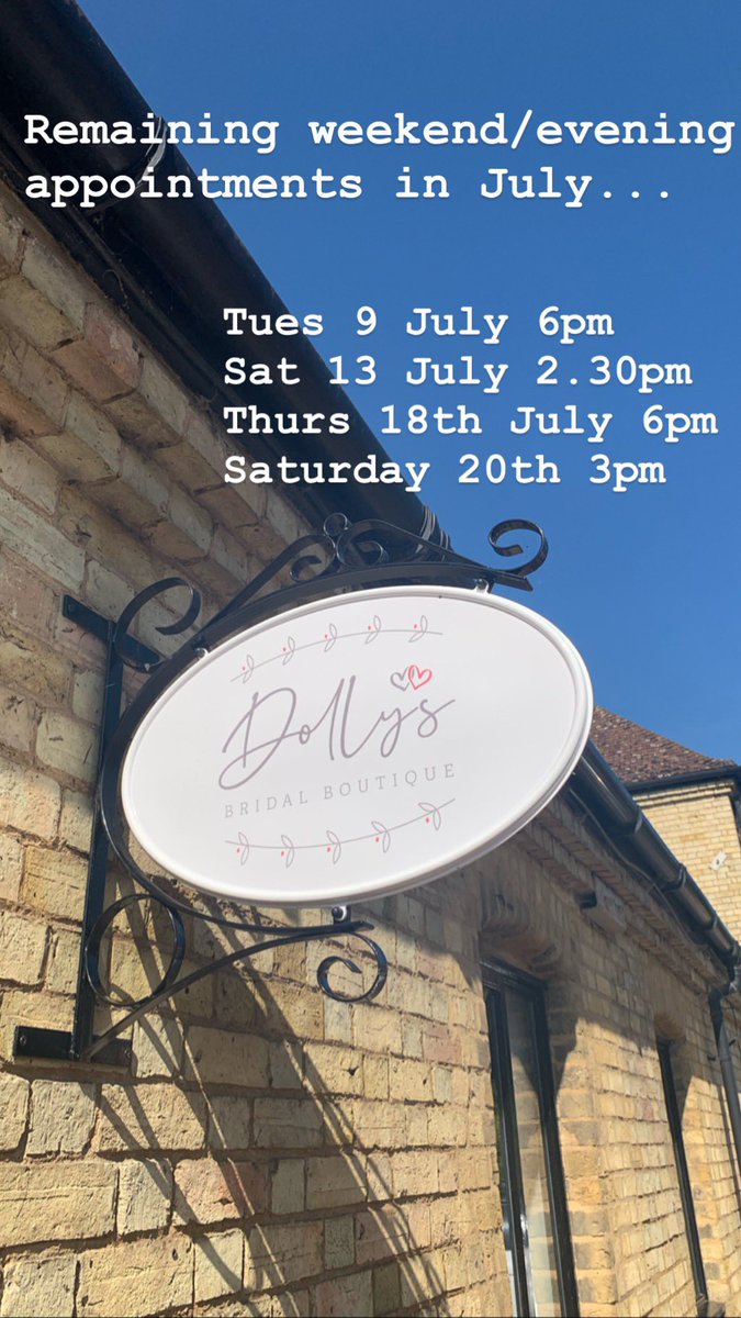 Only 4 remaining appointments available on an evening or weekend in July. Book online @ dollysbridal.co.uk to avoid disappointment. 👰🏻💕👰🏼🥂👰🏽🍾👰🏾✨#Bedfordshire #bedfordshirebridalshop #bedfordbridalshop #bridalwear #designerbridal #dollysbridalboutique