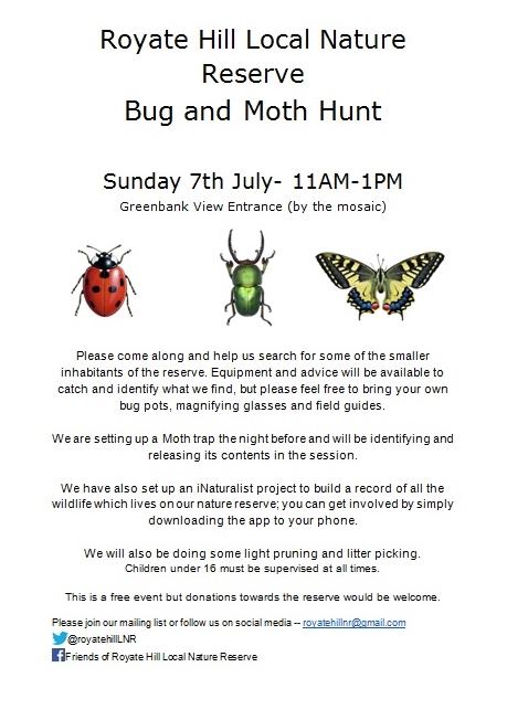 We holding another bug hunt on the nature reserve this coming Sunday (7th). There should be lots of moths to have a look at too. The weather forecast is looking better this time, so please come along if you can.

🐛🐝🦋🐌🐞🕷️🐜🦗🕸️🦂🦟🦄