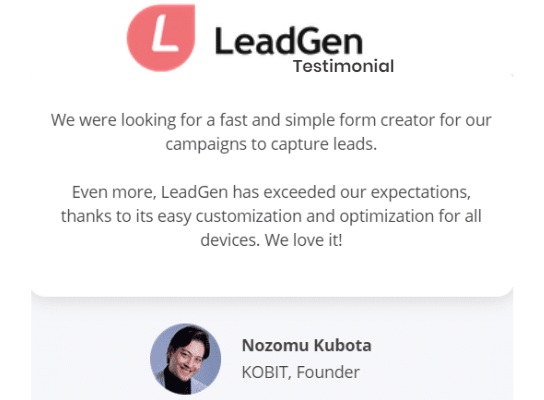 AppLeadGen's tweet photo. We love to hear from our customers!

LeadGen is a form-builder tool. It gives you the power to create high-quality forms with a lot of other unique features.

Create your FREE form today: https://t.co/YTpoJ2f6gM

#leadcapturing #onlineforms #forms https://t.co/CiJ5vyXw1f