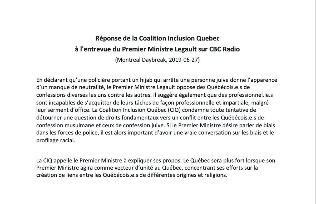 InclusionQuebec's tweet photo. En réponse @francoislegault suite à l'entrevue @CBCAinslie la CIQ condamne toute tentative de détourner une question de droits fondamentaux vers un conflit entre les Québécois.e.s de confession musulmane et ceux de confession juive et demande au PM d'expliquer ses propos #loi21 https://t.co/UUnmooaUUk