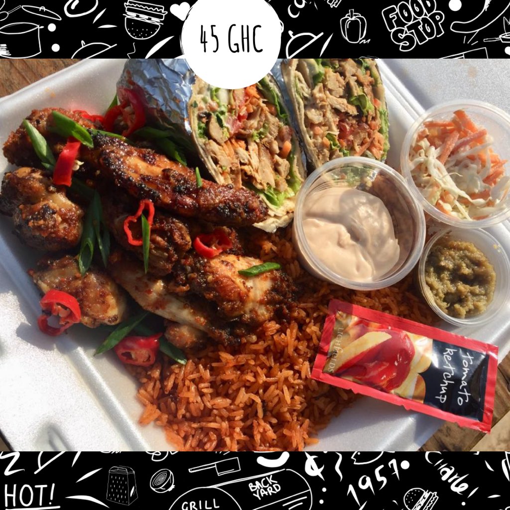 BackYardfoodstp's tweet photo. Just because it’s Tuesday! Jollof, chicken wings, chicken wrap combo meal! Only 45ghc!!! 🖤👊🏾🌶 •
•
•
#backyard #backyardgh #thefoodstop #thefoodstopgh #chickenwings #charcoalgrilled #chickenwrap #jollof #BYoriginalspice #lunchanddinner #accrafood #ghana #ahbackayardtin https://t.co/CB8eXZOaFS