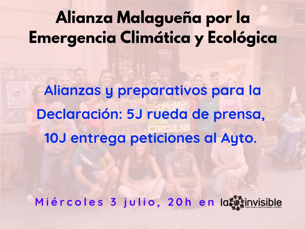 Mña 20h en <a href="/LaCasaInvisible/">La Invisible</a> seguimos tejiendo la #AlianzaMalagueña por la #EmergenciaClimática y Ecológica, abierta a colectivos, entidades y personas q quieran sumar fuerzas para exigir a <a href="/malaga/">Ciudad de Málaga</a> q realice la #Declaración como 1º paso. Es ahora, somos nosotr@s #PorLaVida #Málaga