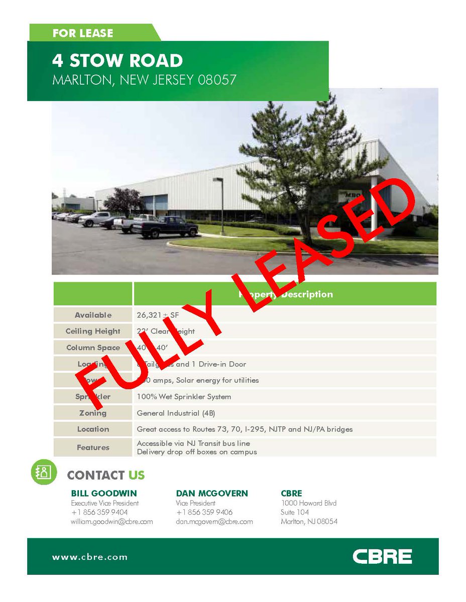 dannymcgov's tweet photo. Tuesday Transaction: Our team finalized a ten year renewal and expansion for 42,578 SF bringing this 156,000 SF facility to 100% leased! Please give us a call with any of your commercial real estate needs or questions. #commercialrealestate #industrialrealestate #southjersey https://t.co/CqieEOVGvT