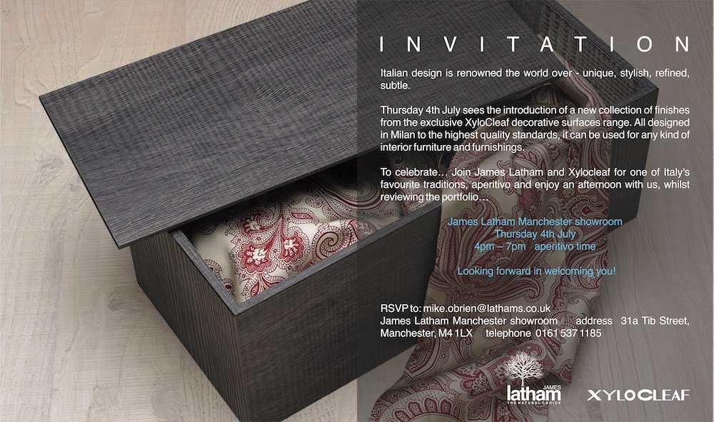 lathamsltd's tweet photo. It's Aperitivo time on Thursday!
Come to our #Manchester showroom to find out about exclusive Italian decors from @Xylocleaf on Thursday, July 4 between 4 and 7pm. RSVP mike.obrien@lathams.co.uk.
#architects #interiordesigners #xylocleaf #manchester https://t.co/M5lC5TwULv