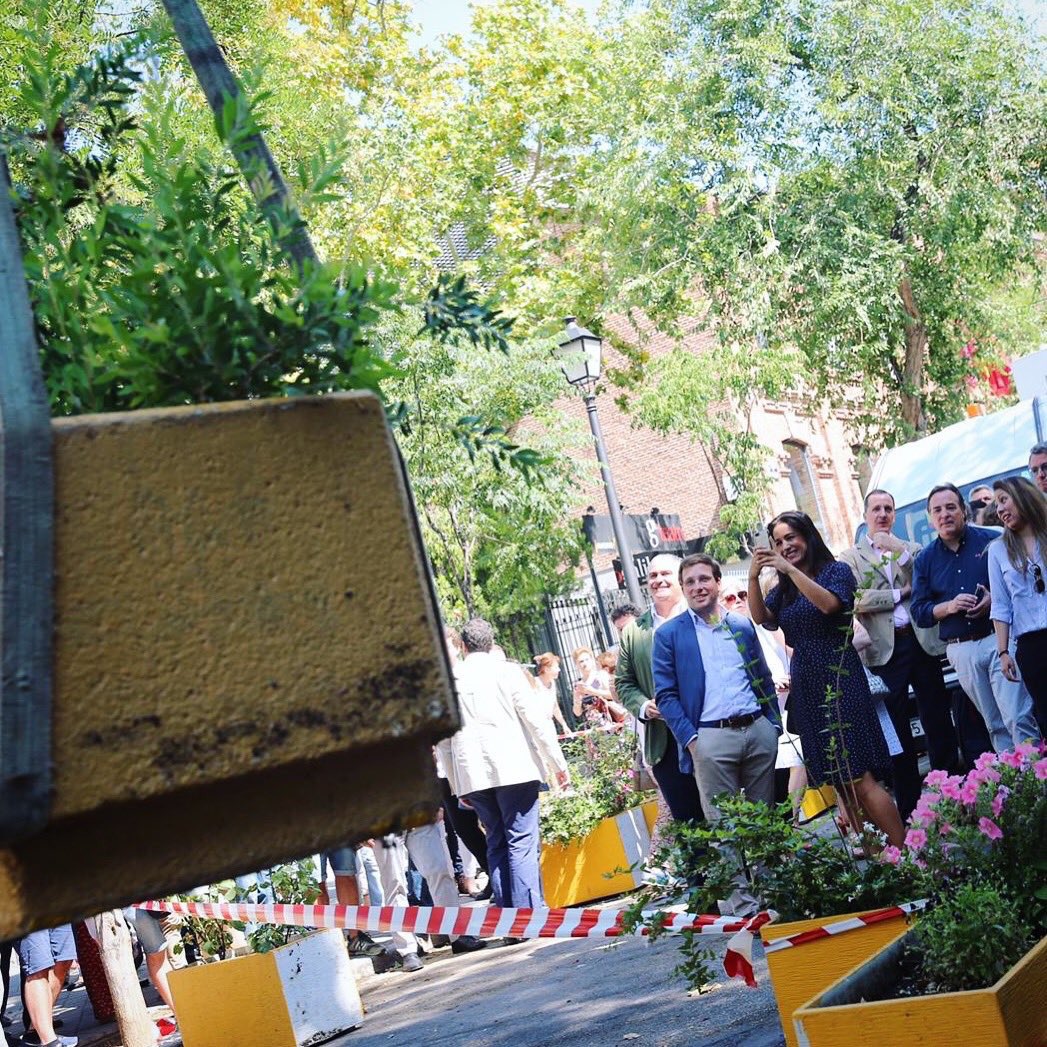 Rita_Maestre's tweet photo. Foto 1: Villacís hace fotos a una grúa mientras Almeida sonríe. La grúa se lleva árboles, jardineras y bancos.
Foto 2: calle antes y después de la brillante medida. 
Están celebrando que ahora en vez de vecinos paseando habrá coches aparcados. Son un gobierno realmente antiguo. https://t.co/8nIKYqvuIR