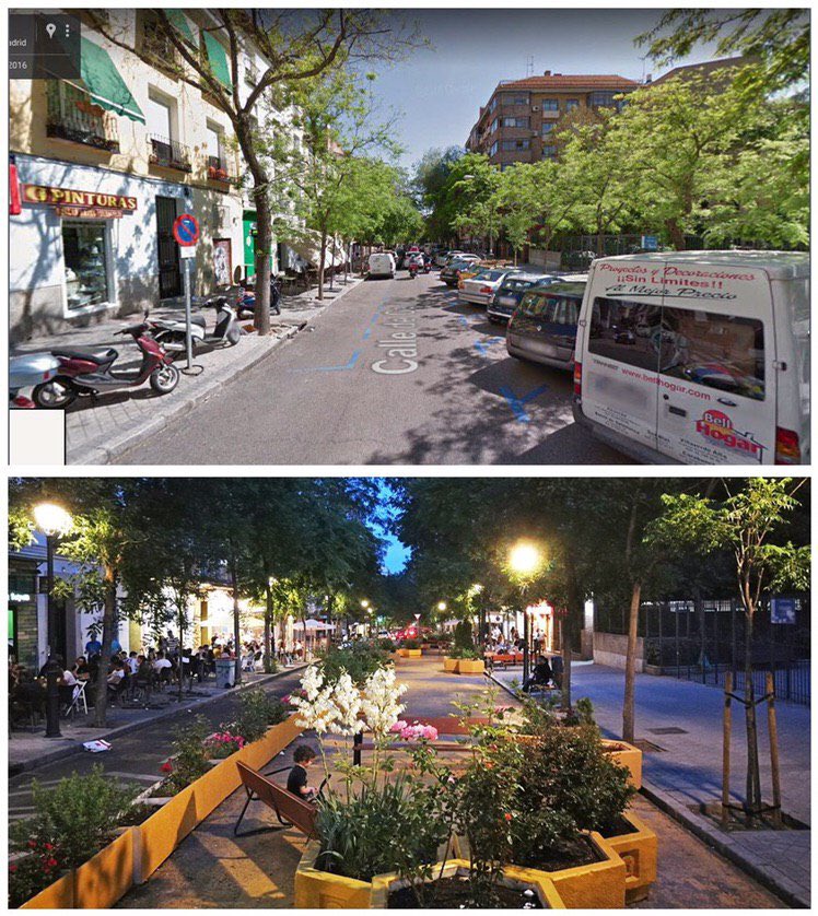 Rita_Maestre's tweet photo. Foto 1: Villacís hace fotos a una grúa mientras Almeida sonríe. La grúa se lleva árboles, jardineras y bancos.
Foto 2: calle antes y después de la brillante medida. 
Están celebrando que ahora en vez de vecinos paseando habrá coches aparcados. Son un gobierno realmente antiguo. https://t.co/8nIKYqvuIR