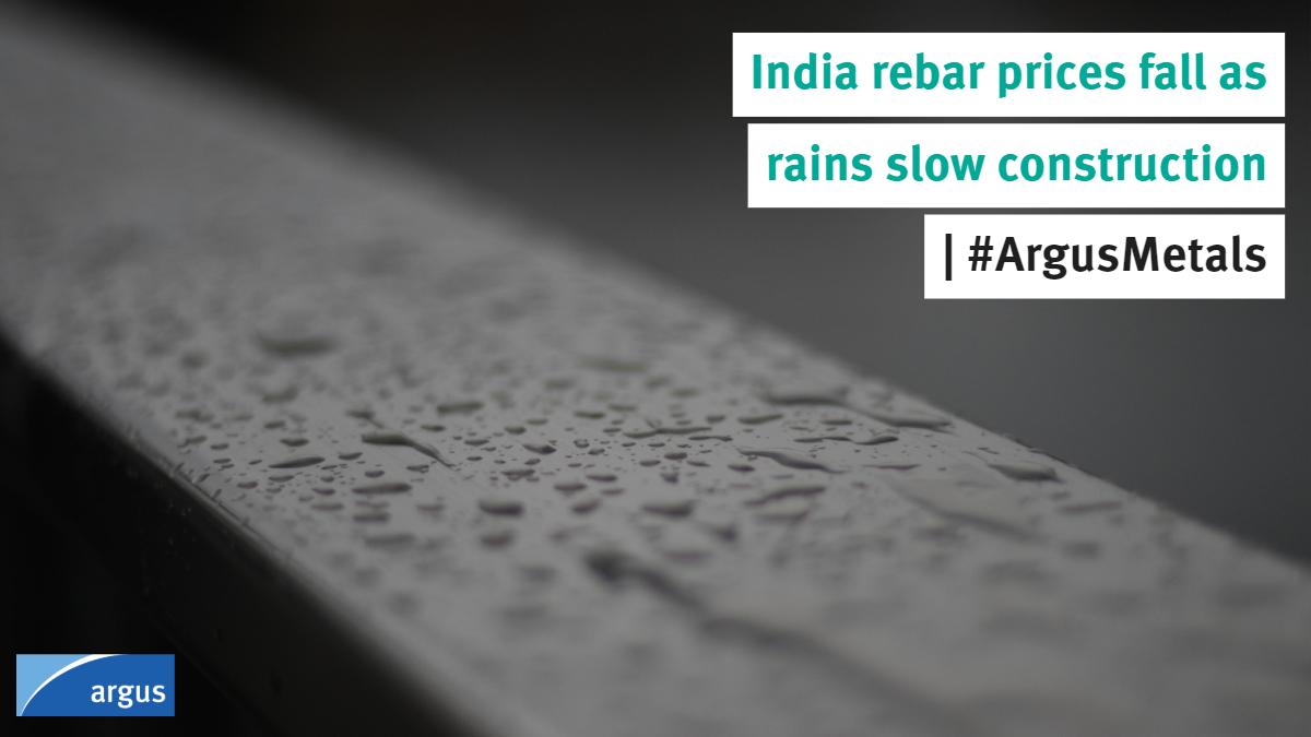argus_metals's tweet photo. Indian domestic #rebar prices have fallen further with slowing demand as monsoon rains disrupt #onstruction activity in some parts of the country | #ArgusMetals

Find out more: https://t.co/xNxtSYKTsK https://t.co/Be3WfASsdh