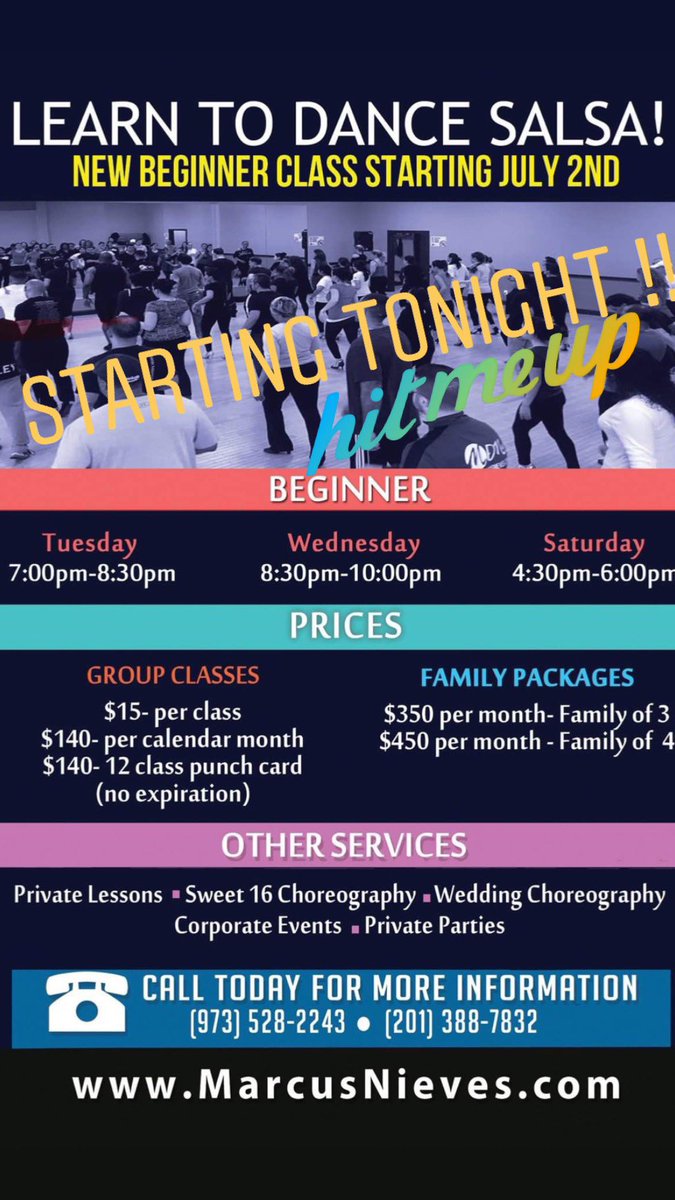 MarcusNieves's tweet photo. LEARN TO DANCE SALSA ON 2 WITH MDN LATIN DANCE STUDIO! Our new beginner cycle starts Tonight Tuesday, July 2nd at 7pm! 

Pay per class - NO contracts NO registration fees - NO partner required! 

MDN Latin Dance Studio
289 Main Street, Belleville NJ 07109
https://t.co/FSPbn7C5FX https://t.co/CA5eq38uhW