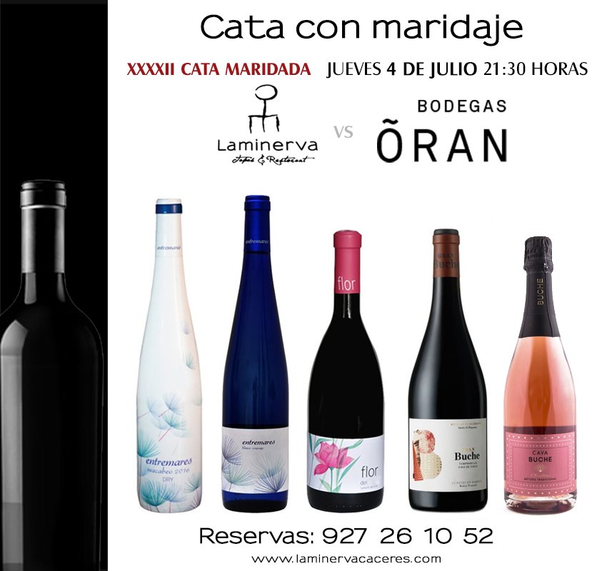 LaMinervaCC's tweet photo. El jueves 4 de Julio a partir de las 21:30 h celebraremos otra de nuestras habituales #CatasMaridadas. 

En esta ocasión trata de una cata maridada de Bodegas Señorío de Orán en la que presentaremos estos cinco magníficos vinos. Reservas llamando al 927 26 10 52.

#LaMinerva https://t.co/R9hEJ2475T