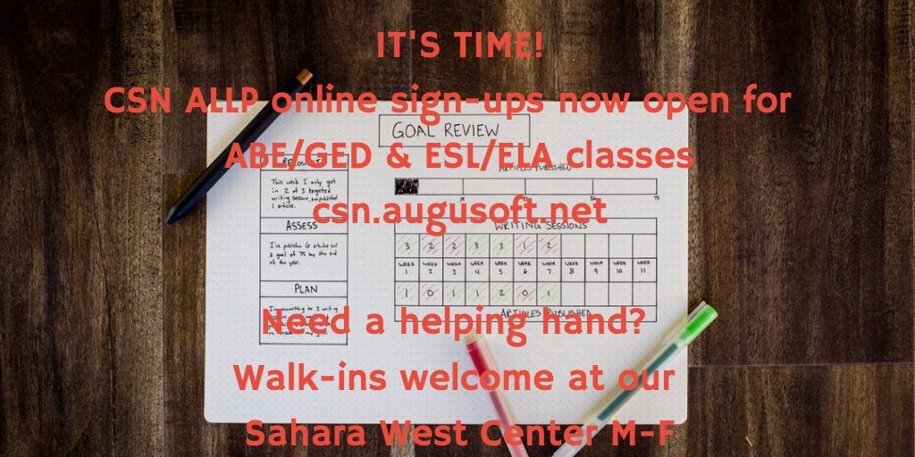 csnACES's tweet photo. Walk-in for help from one of our friendly team at our Sahara West Center or online at https://t.co/a0EMO7Rh5j #hse #GED #ESL #ELA #Hiset #free https://t.co/gDhhnmkDhD