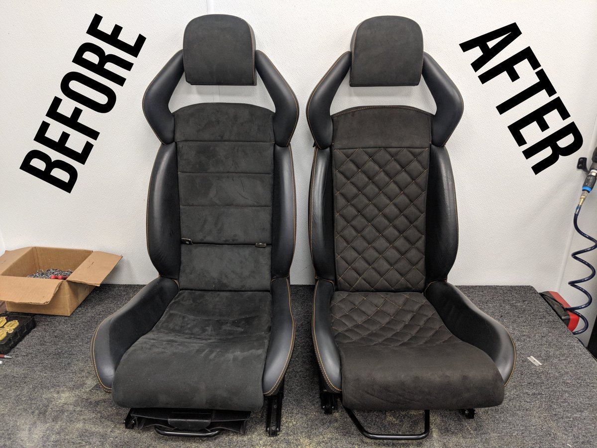 KeystonBros's tweet photo. Before &amp; After on these Lamborghini Murcielago bucket seats.

#KeystonBros Street Suede in Black sewn with 2" square diamonds with orange thread. Beautiful work by @jason_at_a.s from Auto Styles in FL! 
•
•
•
#AutoStyles #LamborghiniInterior #AutoUpholstery #suede https://t.co/OqYFOJMuot