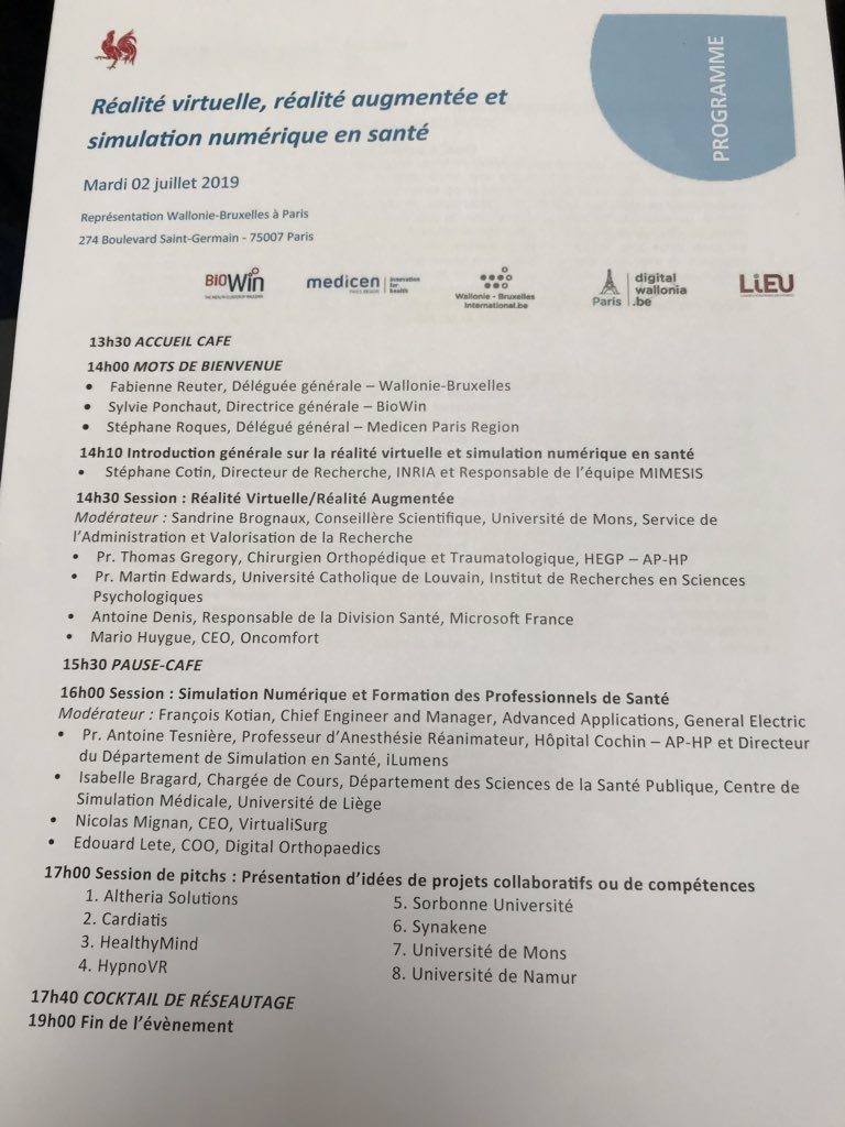 Kick off du Séminaire AR/VR et Simulation numérique en santé à la Représentation WB à Paris. Merci <a href="/biowin_asbl/">BioWin</a>, <a href="/Pole_Medicen/">Medicen Paris Region</a>, @WallonieBru_FR, <a href="/Digitalwallonia/">Digital Wallonia</a>, <a href="/ReseauLieu/">Réseau LiEU</a> !