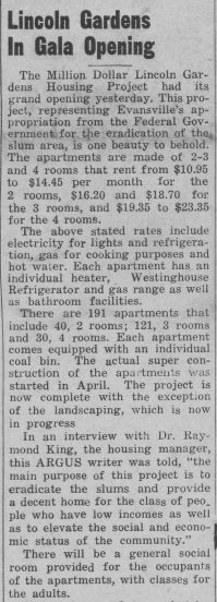 On July 2, 1938, the #EvansvilleArgus promoted the opening of the Lincoln Gardens Housing Project, funded and created by the Works Progress Administration (#WPA). The goal of the project was to fund housing for low-income individuals and raise their standard of living. (cont.)