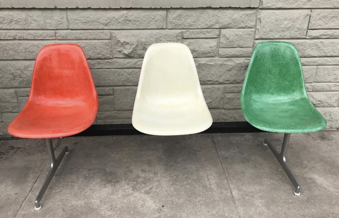 PeriodModern's tweet photo. AVAILABLE.  Great colors on this Eames fiberglass tandem seating unit.  #eames #hermanmiller #fiberglass #tandemseating #periodmodern #sanantoniopride https://t.co/6IgbNOUc8k