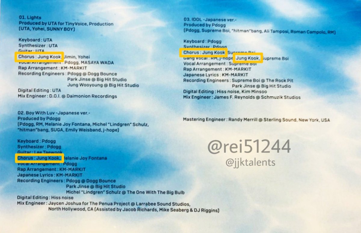 Jungkook's creditLights / Boy With Luv (BTS Japanese single)Chorus:LightsBoy With LuvIDOLGang vocal:IDOLcr. rei51244  #JUNGKOOK  #정국  @BTS_twt