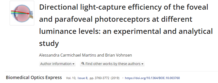 AOIgroupUCD's tweet photo. Check out our latest paper in #BiomedicalOpticsExpress on Retinal Light-Capture Efficiency at Foveal and Parafoveal Regions by @AleCarmichael and @BVohnsen! #Optics #StilesCrawfordEffect #VisionScience https://t.co/2LTUI2hNfS https://t.co/v1bktP5M9F