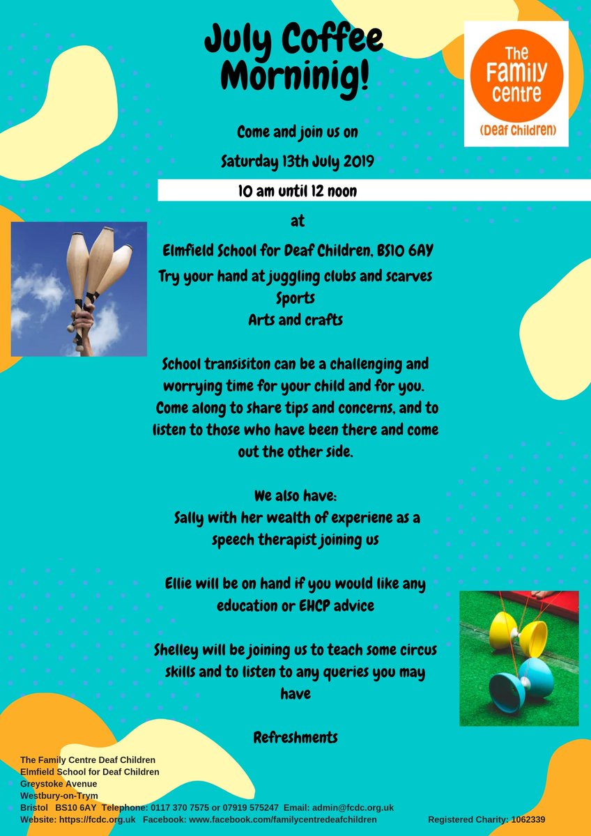 Coffee morning 13/07/19 10 am - 12 noon.  Circus skills, sports, arts and crafts, and discussion session for the adults on the topic of School transitioning.  Share tips, what worked for you or not #bsl #deafkids