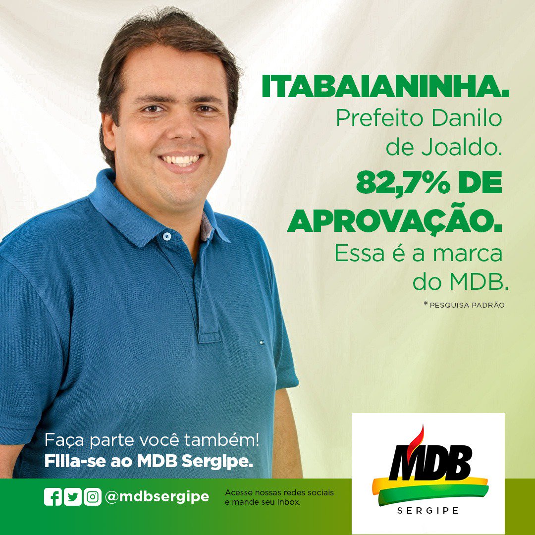 mdbsergipe's tweet photo. Filiado ao MDB, o prefeito de Itabaianinha Danilo de Joaldo (MDB) está  em seu 1º mandato. Considerado uma jovem promessa da política, o gestor é  bem avaliado pela população, conforme pesquisa do Instituto Padrão  divulgada pelo site O Bolo É Grande. https://t.co/FIk74VKj9c