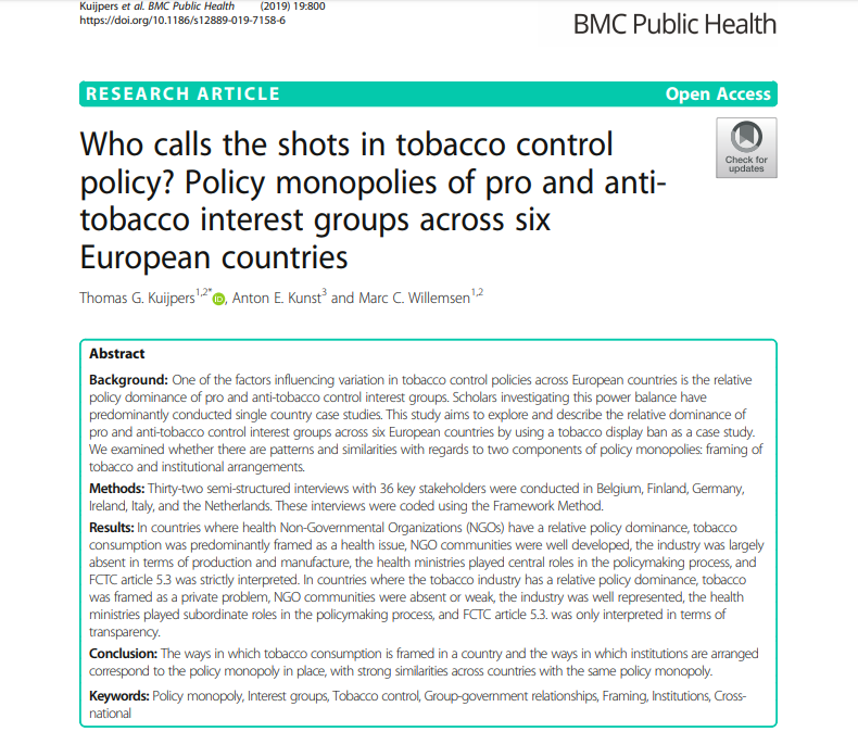 PublicHealthAMC's tweet photo. Waarom gaat het ene land veel verder in #tabakscontrole dan het andere? Europese studie toont belang van framing (roken als publiek probleem versus private keuze) en politieke instituties (toegankelijk voor de zorg of voor tabaksindustrie) #SILNE-R
https://t.co/JDS9Gomj06 https://t.co/h4wtCYSoTa